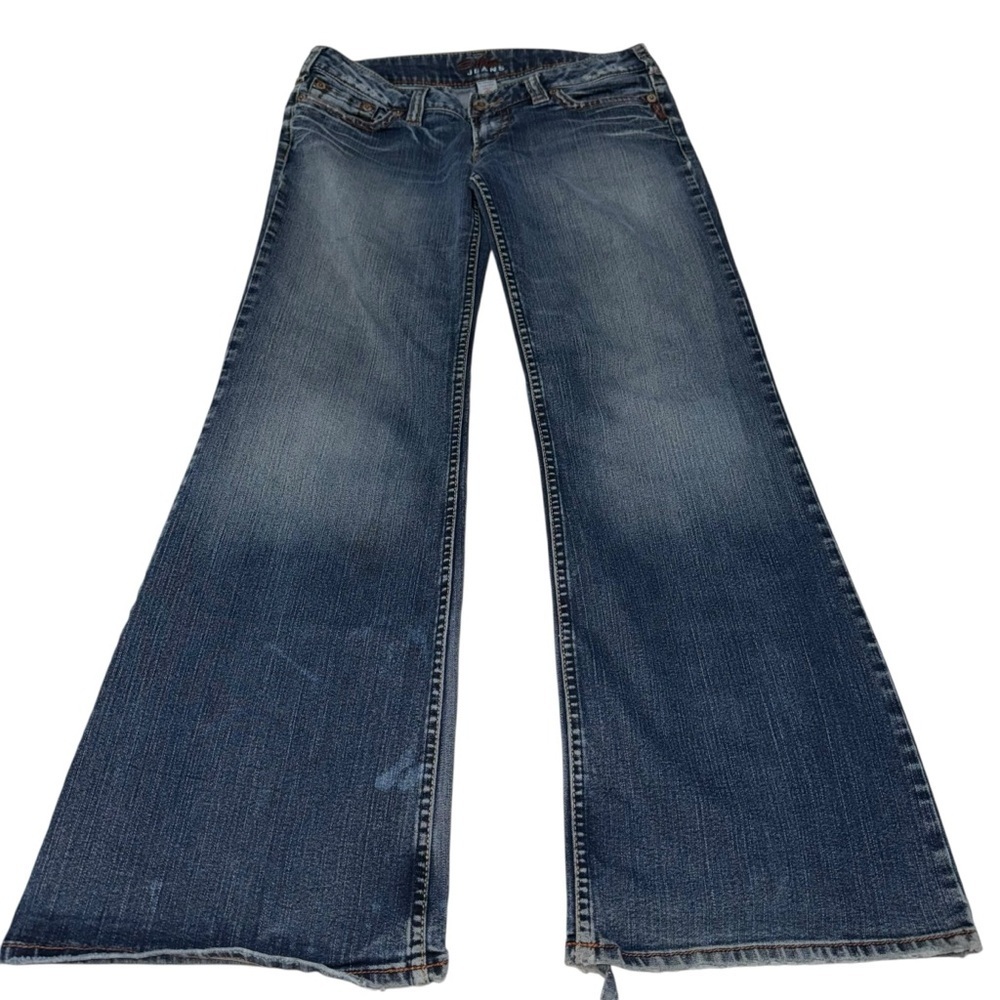 Silver Jeans Tia 32x33 Flare Blue Denim Women’s Jeans Distressed Hem